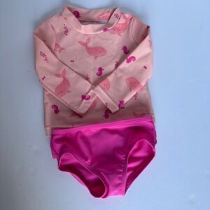 Carters Just One You Baby Girls 6M Pink Whale Seahorse Rash Guard Swimsuit Set‎